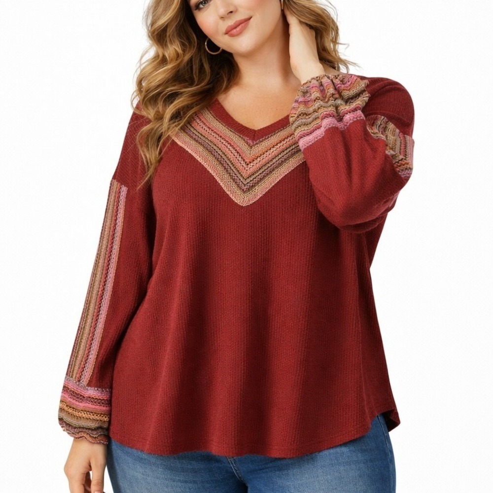 Casual Express Chevron Crochet Waffle Knit Top Burgundy Red Boho Size XL